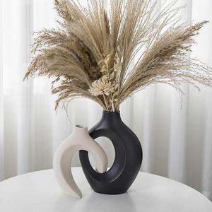 Black and Off-White Hollow Ceramic Vase Set of 2, Nordic Minimalist Aesthetic Snuggle Vases for Table Centerpiece Dining Living Room Book Shelf Decoration (W 6.3" X H 8.4")