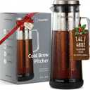 BrewMOO- Airtight Cold Brew Coffee Maker Pitcher, 1.4L/48Oz Thick Glass Carafe with Filter, Comfort Sturdy Handle & Wide Spout, Non-Slip Base | Iced Tea Maker (Black)