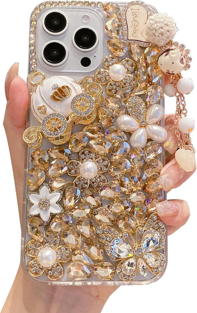 iFiLOVE for iPhone 11 Bling Diamond Case, 3D Luxury Sparkle Glitter Crystal Rhinestone Butterfly Flower Pendant Charm Case Cover for Girls Women Kids (Champagne)