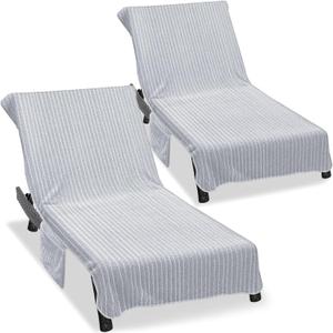 Lounge Chair Towel Cover (Pack of 2), Ultra Plush & Absorbent Micro Fleece Chair Towel for Pool, Beach, Patio & Garden|Quick Dry, Non-Slip Design with 2 Side Pockets|85" x 30"- Gray White