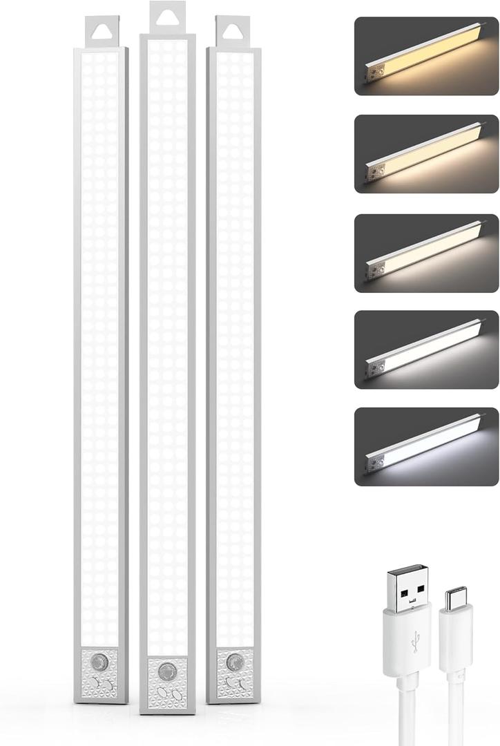 20 Inch Under Cabinet Lighting, 3Pack 5CCT Dimmable Closet Lights, Motion Sensor LED Lights of Battery Operated, Rechargeable Under Counter Light for Kitchen, Stairs, Bedroom, Wardrobe