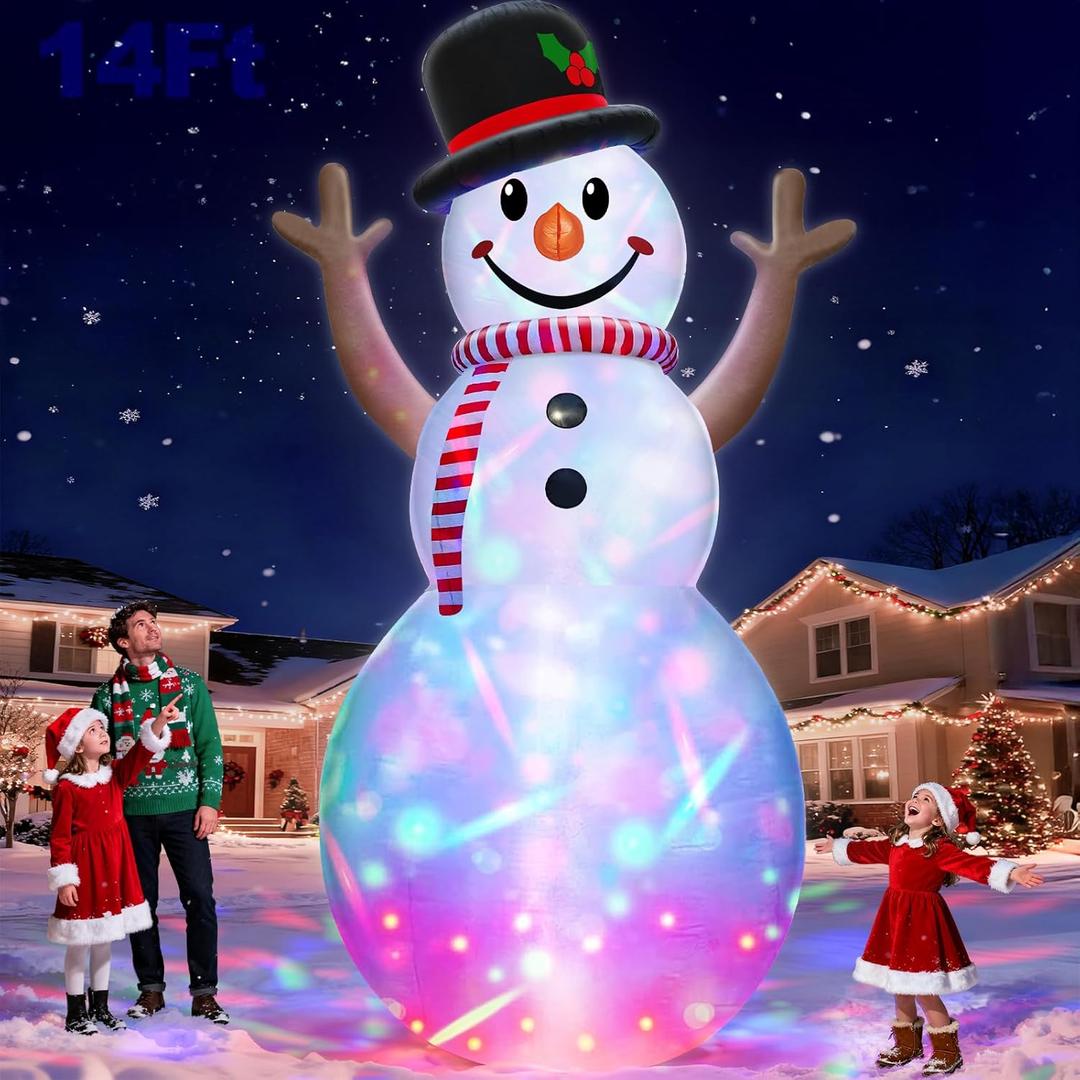 14 Ft by 7.5 Ft Huge Christmas Inflatable Snowman with Rotating Colorful Lights Hat & Scarf Christmas Decorations Outdoor with Build-in LED Lights Xmas Blow Up Yard Decor for Lawn Garden Holiday