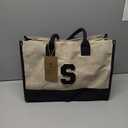 ESVAN Personalized Gifts Canvas Tote Linen Bags Handbags Top Zipper Closure Initial Retro Utility Tote, S
