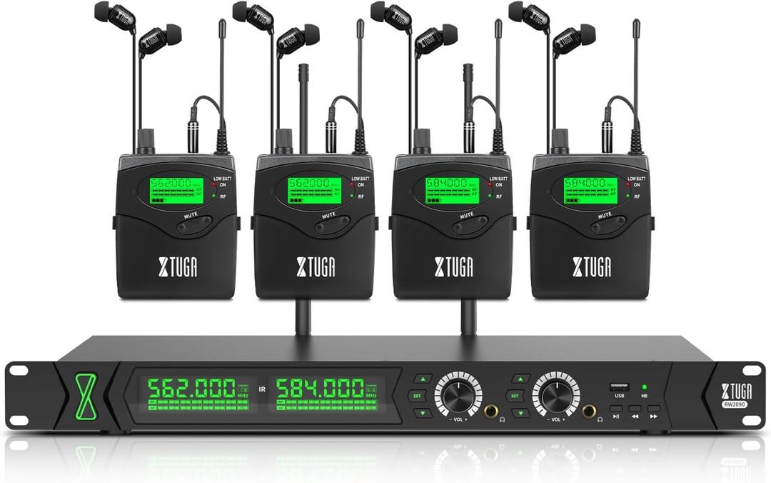 XTUGA RW2090 Wireless in Ear Monitor System, Mono IEM Monitoring with Dual Channel 2 * 100 Frequencies, 230ft(70m) Operation, Bluetooth Earphone Fit for Stage, Studio and Band (4 Bodypacks)