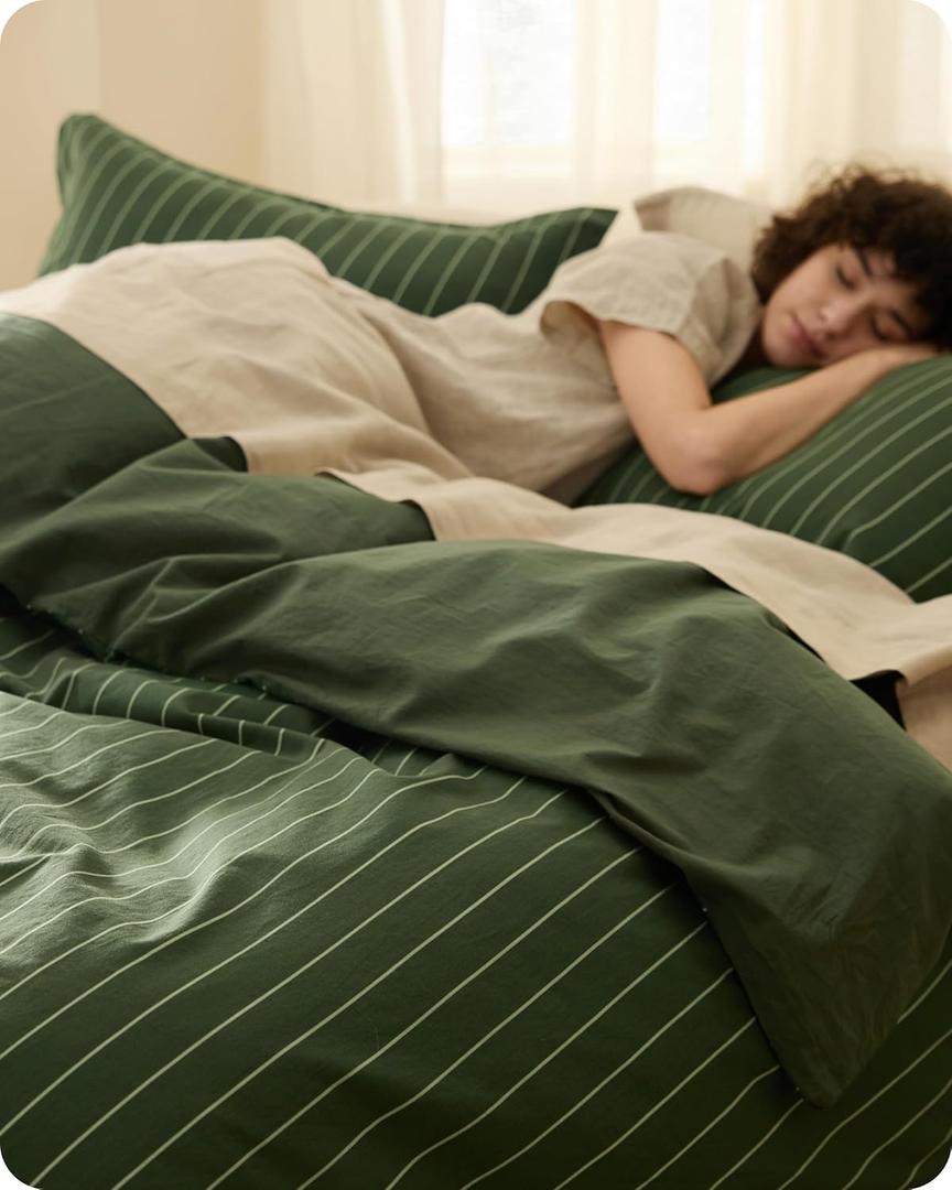 Bedsure Striped Duvet Cover King Size, 100% Washed Cotton Duvet Cover Linen Like Textured, Classic Striped Pattern Enhances Bedroom Comfort and Style, Stripes Olive Green, 104"x90"