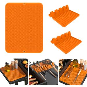 Silicone Grill Mat for Blackstone - Griddle Accessories Tools 3-piece Set Spatula Dish Drying Mat - Outdoor BBQ Grill Drip Pad, Orange