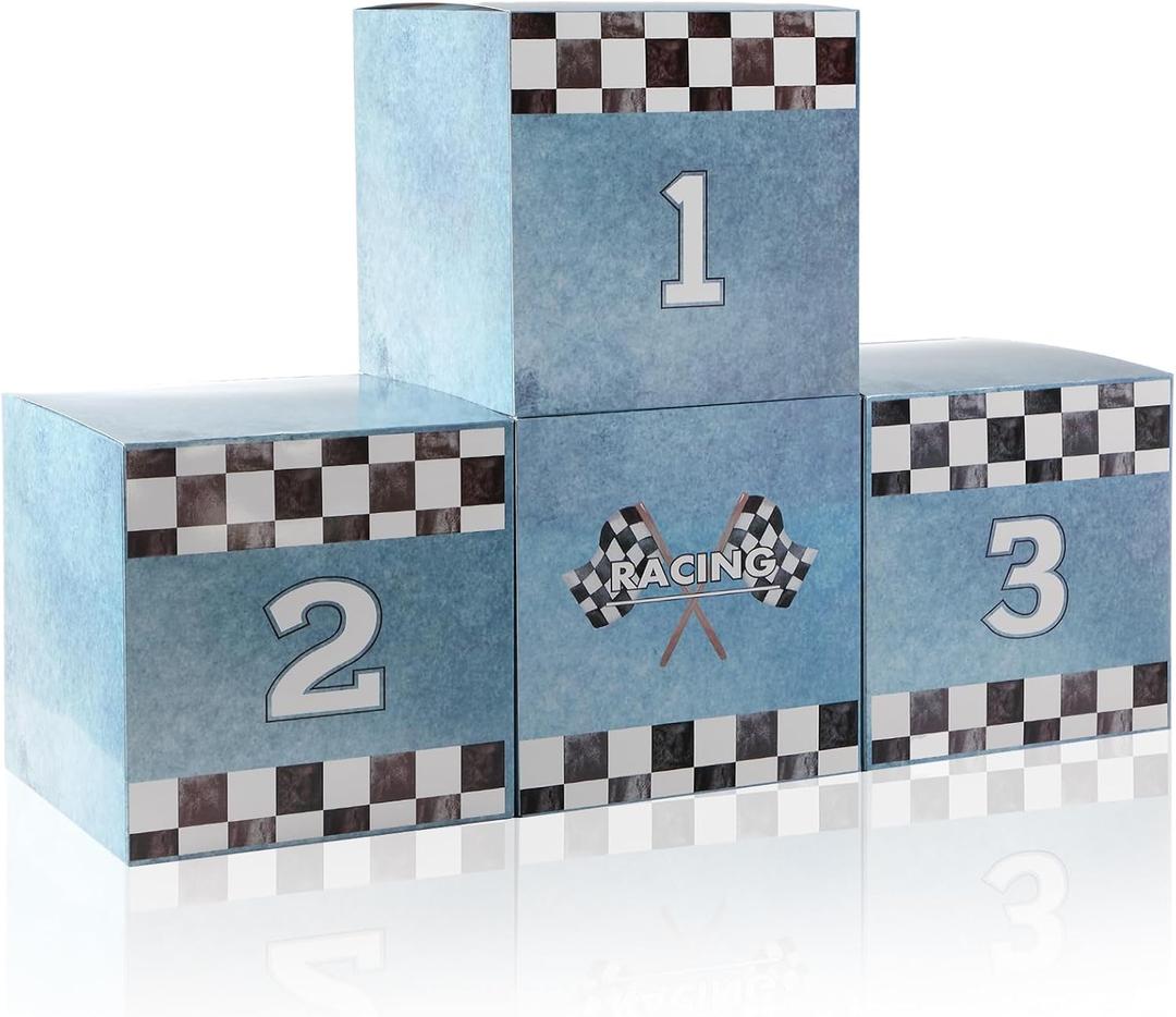 Zhanmai 4 Pcs Large Racing Car Party Boxes 11.8 x 11.8 Inch Goodie Checkered Boxes for Birthday Decor Truck Theme Race Car Podium Centerpiece Decorations Cardboard Party Favors(Blue)