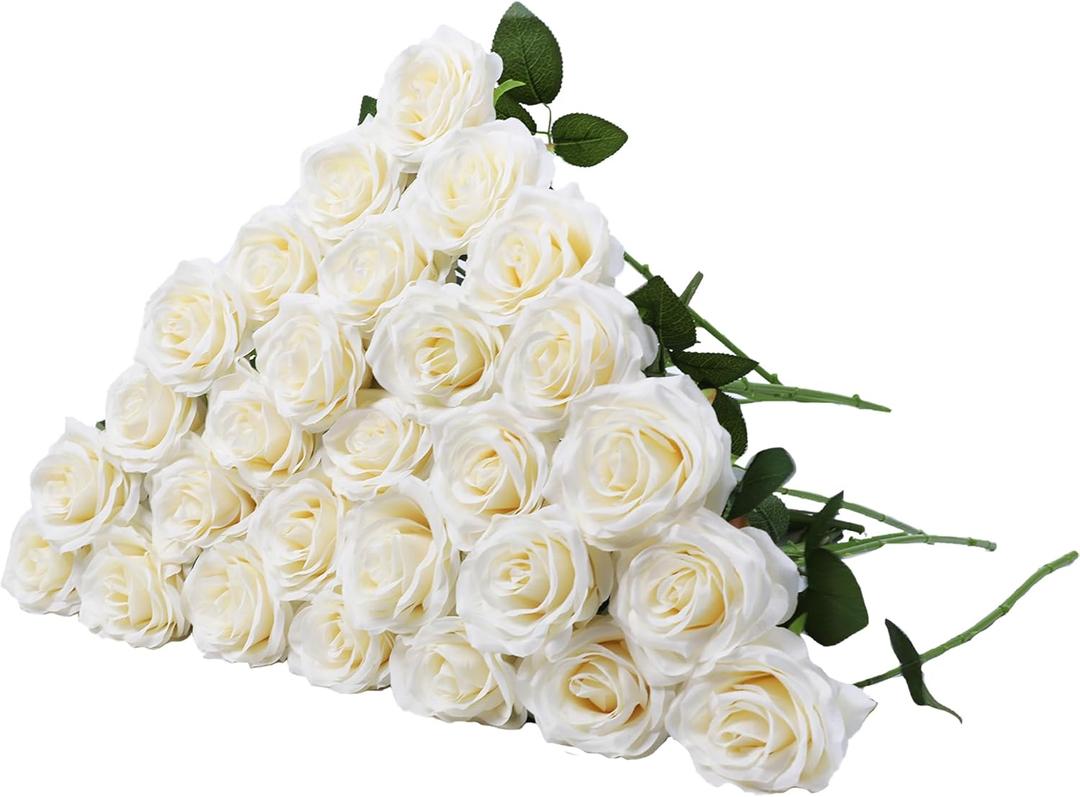 LVEFIT Artificial Rose Flower Ivory Flowers Ivory Roses White Roses Silk Flowers 30 pcs with Long Stem Silk Roses Bouquet for Wedding Bridal Shower Party Home Decoration