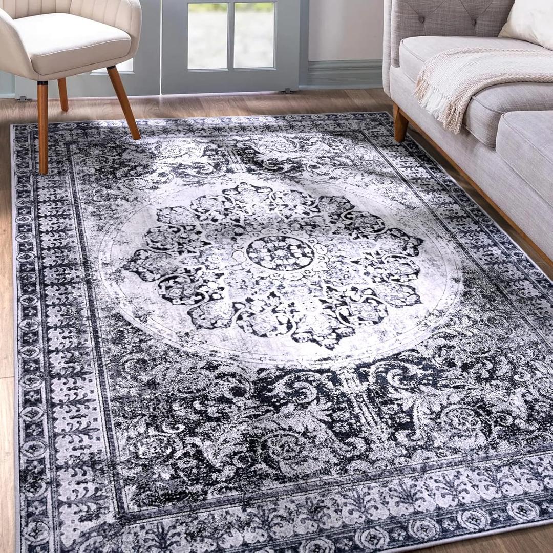 YJ.GWL Area Rug for Living Room, 3x5 Machine Washable Boho Rug for Bedroom, Low Pile Lightweight Thin Rugs Floral Vintage Distress Print Pattern Carpet for Dining Room Kitchen, Navy/White