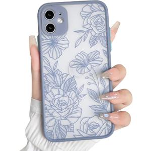NITITOP Compatible with iPhone 11 Case Cute Aesthetic Floral Flower Vintage Rose Pattern Matte Clear Women Girl Full Camera Lens Slim Hard PC Shockproof Pritective Cover - Blue