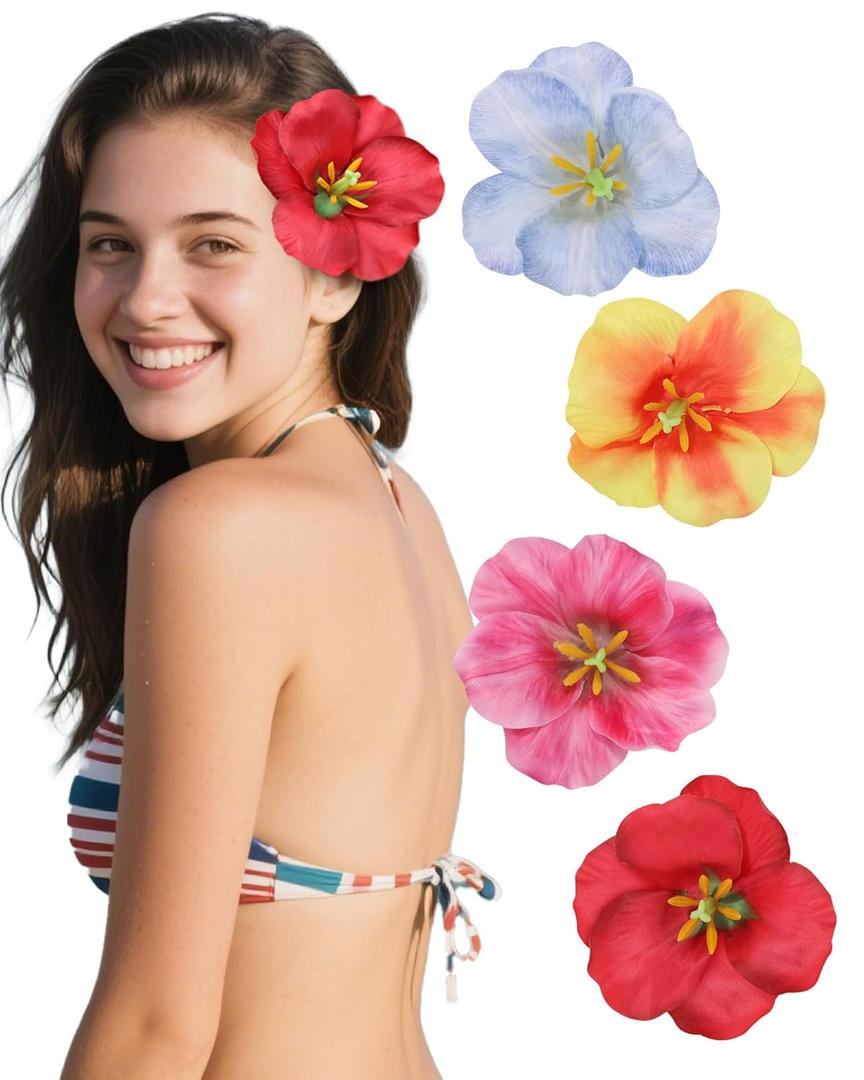 4 PCS Hawaiian Flower Hair Clips for Women Plumeria Hibiscus Hair Clips Artificial Flower Hair Barrettes for Vacation Beach PartyRed+Yellow+Blue+Pink