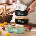 Ceramic Butter Dish with Lid and Knife, Butter Dish for Soft Butter, Butter Container with Double Silicone Sealing Wooden Lid for Kitchen Decor,Green, 11.8 OZ