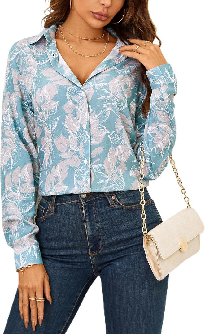 Womens Long Sleeve Button Down Shirts Dressy Casual Tops Work Blouses (Blue, XXL)