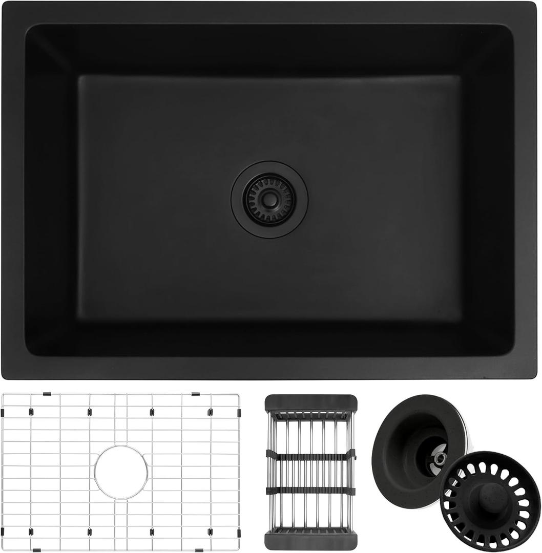 Black Undermount Kitchen Sink, 27" x 18" x 9" Matte Black Granite Composite Kitchen Sinks, 2718 Single Bowl Small Kitchens Sink With Accessories (Black)