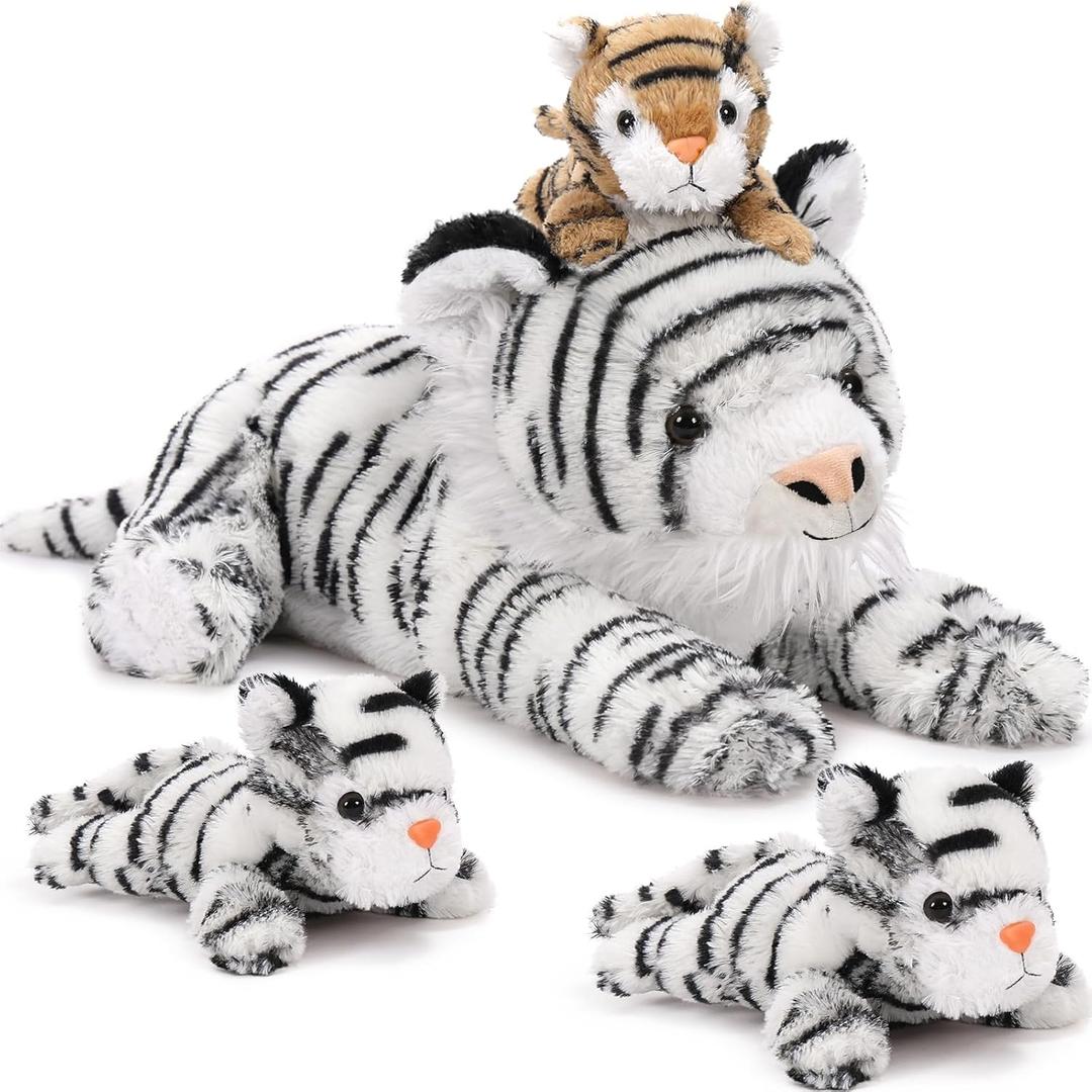 MaoGoLan 4Pcs White Tiger Stuffed Animals, 17.7 inches Large Tiger Plush Toy Set, Stuffed Mommy Tiger with 3 Cubs, Gifts for Boys Girls, Birthday Christmas Festival Decor