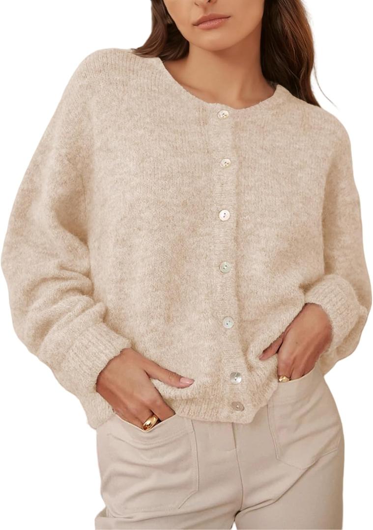 Ynhonra Women's Long Sleeve Front Button Y2k Cardigan Sweaters Crew Neck Loose 2026 Spring Tops Large