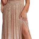 Women's Plus Size Flare Sleeve V Neck Side Split Sequin Formal Prom Dress (X-Large, Gold)