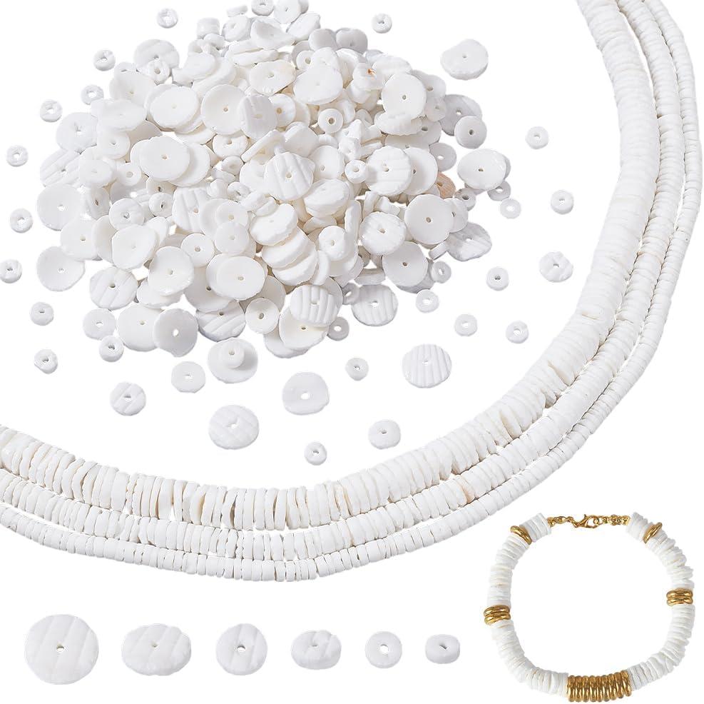 AHANDMAKER 925Pcs Freshwater Shell Beads 3 Size White Heishi Bead Puka Shells Beads Spacer Heishi Beads for Jewelry Making Bracelets Necklaces Chokers Anklets Keychains Earrings Pendants
