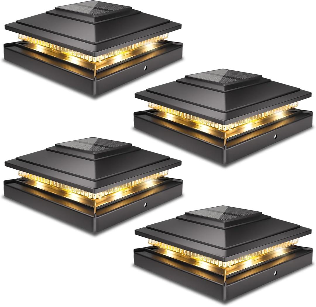 Post Cap Lights Outdoor 4pack, Waterproof Fence Post Solar Lights for 4x4 5x5 6x6 Wood/Vinyl Posts, Black Solar Deck Post Lights with 2 Color Modes Decorate Garden Patio Porch Backyard