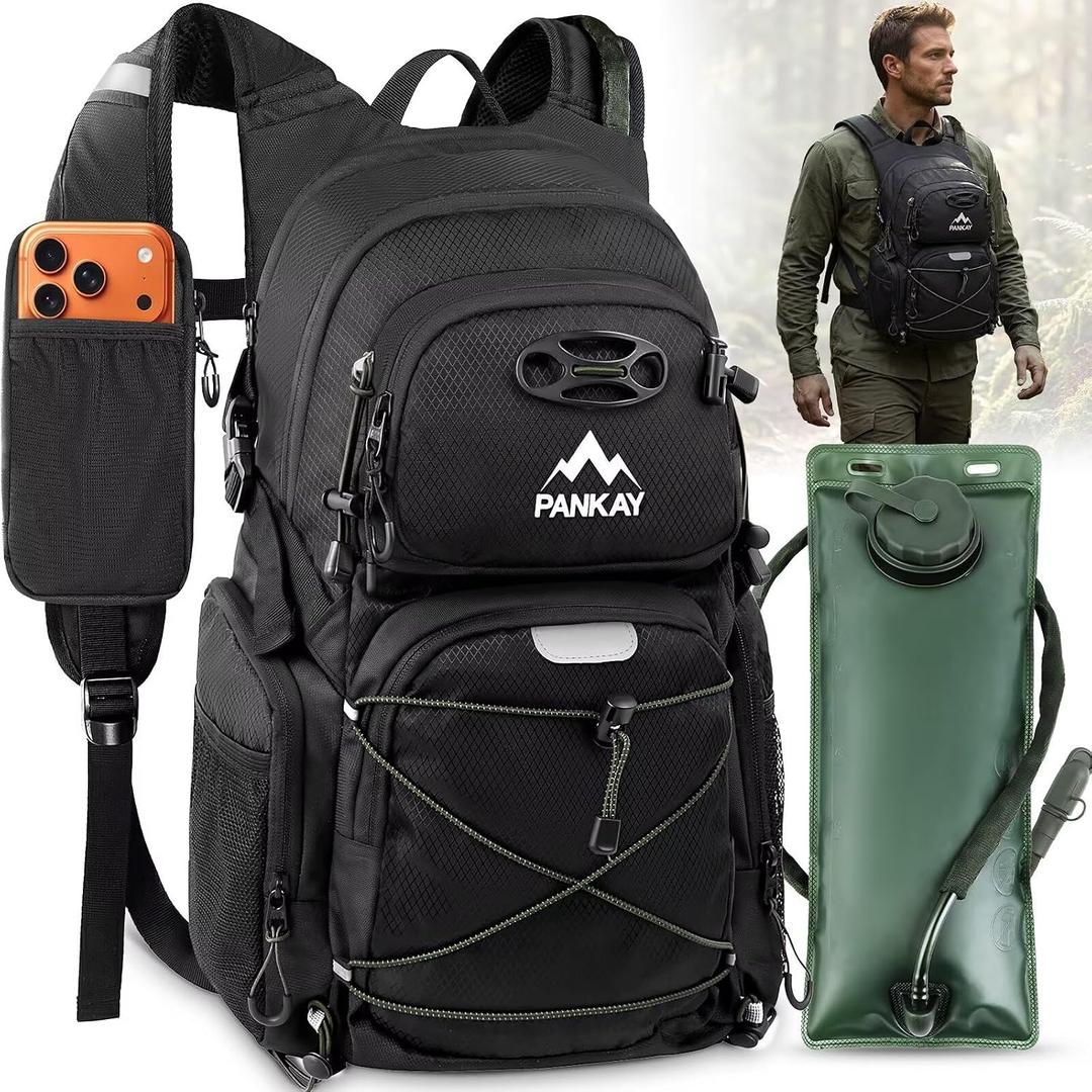 Pankay 25L Hydration Backpack Hiking, Hiking Backpack with Water Bladder, Detachable Phone Pouch & Helmet Holder, Lightweight Water Backpack for Men Women Hiking Biking Running Camping Travel