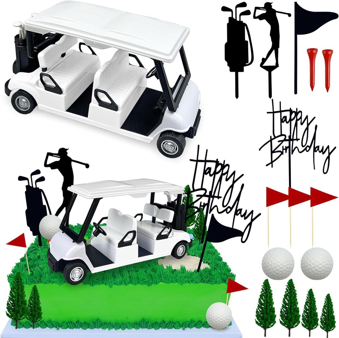 2026 New Golf Cake Decorations Double-row Golf Cart Cake Toppers Heading for The White Cake Topper for Golfers with Cart Flag White Ball for Theme Party Supplies