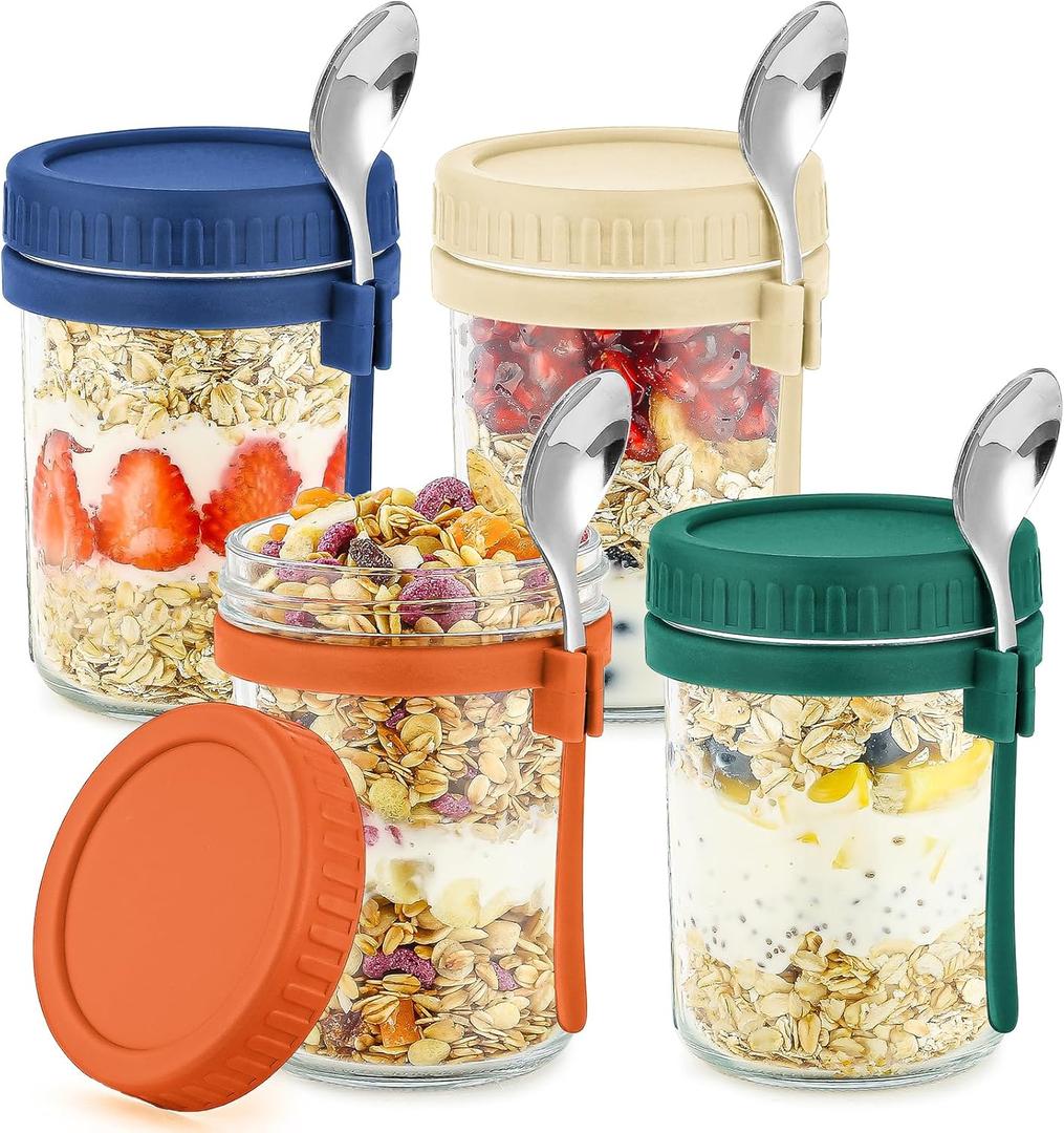 DRKIO 4 Pack Glass Overnight Oats Containers with Lids and Spoons 16 Oz Mason Jars for Overnight Oats Jars Leak Proof Oatmeal Container Meal Prep Jar for Cereal Fruit Vegetable Milk Salad Yogurt