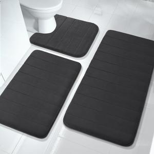 Yimobra 3 Pieces Memory Foam Bath Mat Sets, 44.1x24 + 31.5x19.8 and U-Shaped for Bathroom Rugs, Toilet Mats, Non-Slip, Soft Comfortable, Water Absorption, Machine Washable, Black
