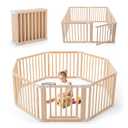 Foldable Wooden Playpen, Large Baby Wood Playpen with Locking Gate for Babies and Toddler 1-3 Year, Portable Play Yard for Activity Center Indoor Outdoor(Wood, 8 Panel)