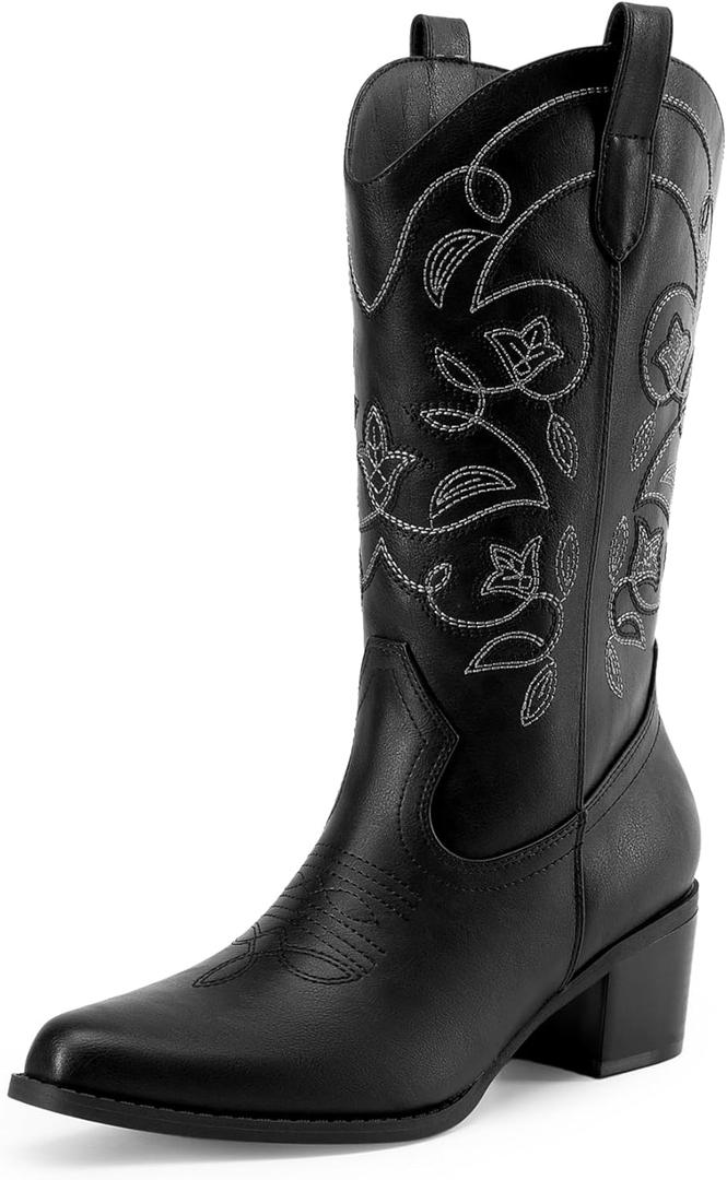 DREAM PAIRS Cowboy Boots for Women Cowgirl Western Boots Fashion Embroidery Stitched Chunky Heel Mid Calf Boots (6.5, Black-pu)