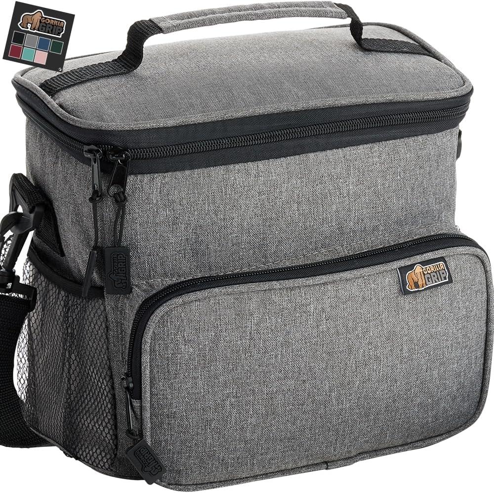 GORILLA GRIP Reusable Insulated Lunch Box Bag for Women Men, Large Leakproof Soft Cooler Bags, Multiple Compartments, Mesh Pockets, Adjustable Strap, Food Tote Keeps Drinks Cold, 8L, 10x9, Light Gray