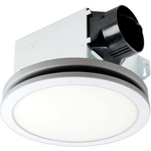 breez Delta Integrity 100 CFM Exhaust Bath Fan, LED Edge-Lit Flat Round Panel Light, Energy Efficient Quiet Operation Ceiling Mount Motor, White