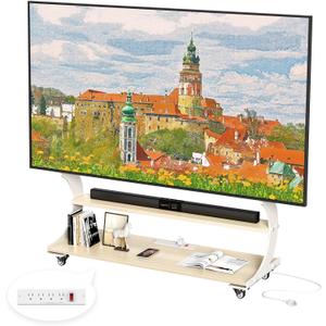 Rolling Easel TV Stand for 50-100 Inch TVs for Living Room, Office | Mobile TV Stand with 2-Tier Wooden Shelves& Power Outlet,Height Adjustable Holds up to 220lbs,MAX VESA 900x600mm,White