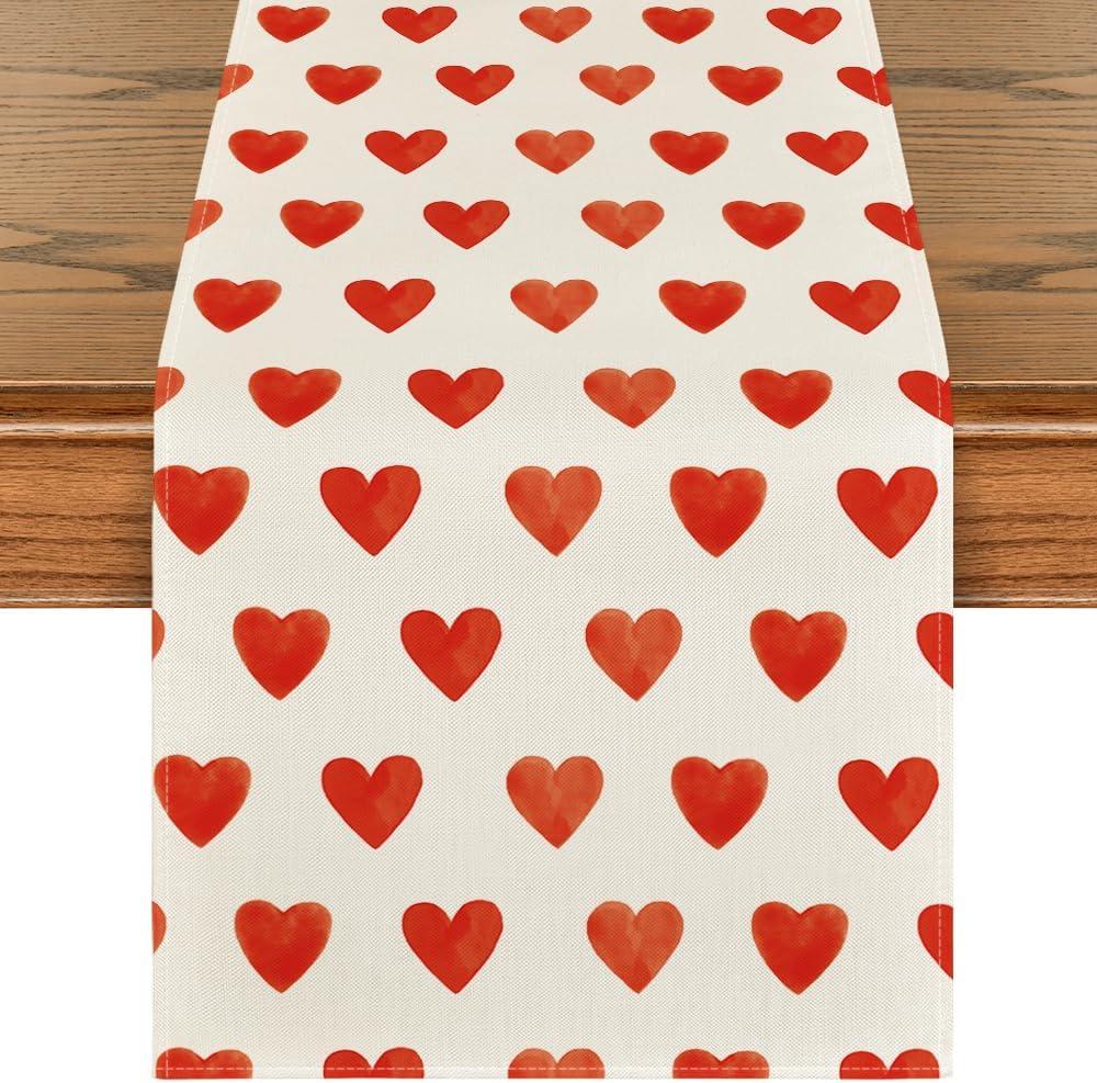 Artoid Mode Love Heart Valentine's Table Runner, Seasonal Anniversary Kitchen Dining Table Decoration for Home Party Decor 13x90 Inch (White)