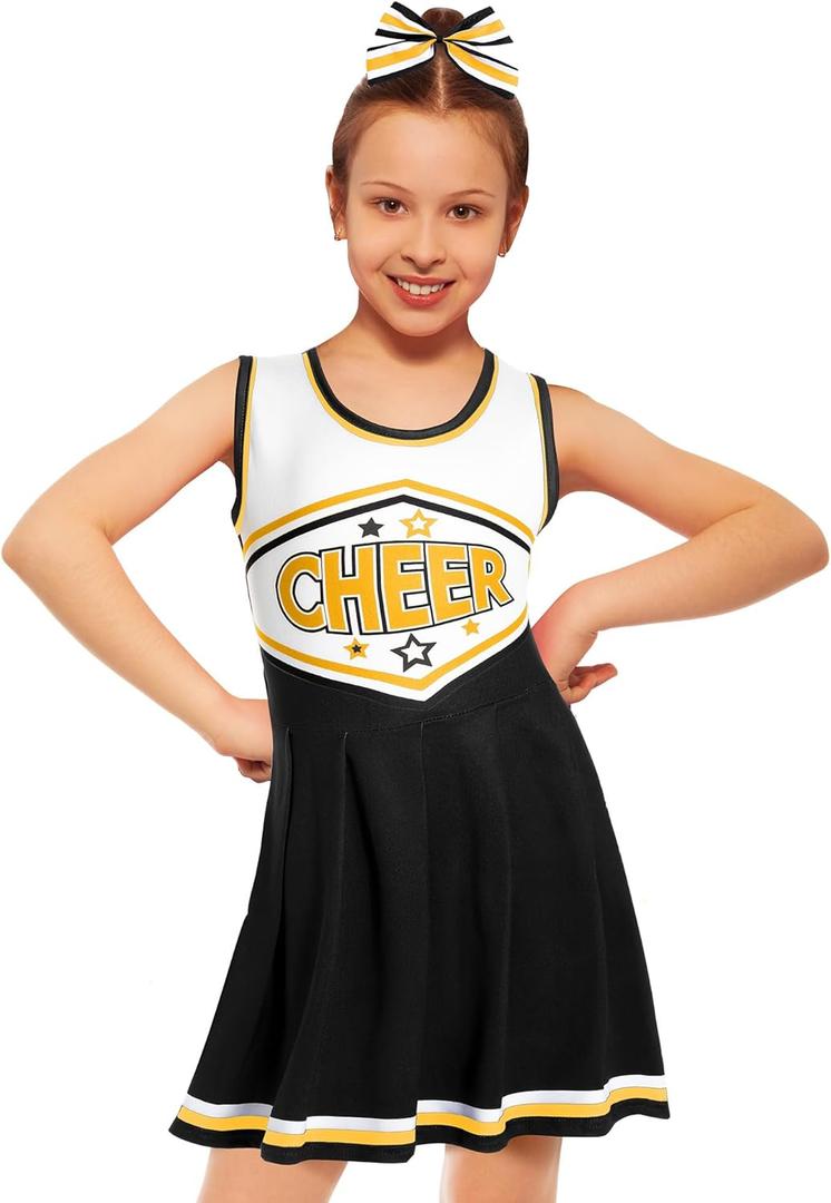 JenPen Cheerleader Costume Cheerleading Outfit Dress Cheer Uniform with Bow Halloween Dress up Gifts(3-5 Years,Black and Gold)