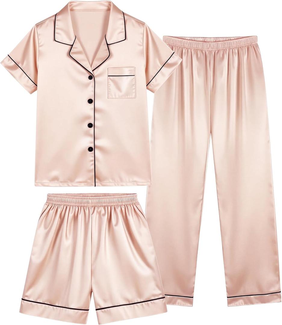 HONGTEYA 3 Piece Girls Clothes Sets, Silk Satin Teens Outfit Size 8-15 Years (Pink, L)