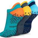 Hylaea Unisex Non Slip Socks with Grip for Yoga, Hospital, Pilates, Barre | Ankle, Cushioned (Small-Medium, 3 Pairs Dark Blue Green)