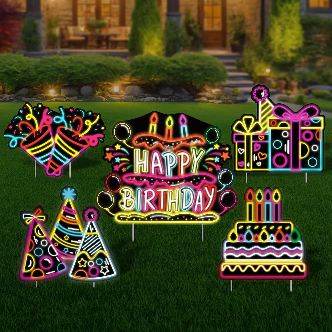 Happy Birthday Yard Signs with Stakes for Birthday Decorations Birthday Outdoor Lawn Signs Neon Waterproof Birthday Sign Ribbons Cake Gift Box Colorful Yard Signs for Garden Outdoor Party Supplies
