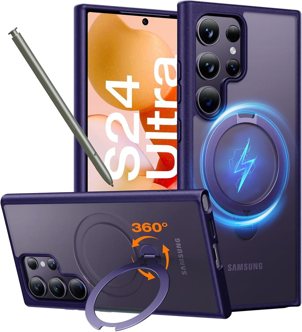 TORRAS 360°Spin Magnetic Stand for Samsung Galaxy S24 Ultra Case, Compatible with Magsafe, Shockproof Military Grade Protective Slim Galaxy S24 Ultra Phone Case with Kickstand & Ring Holder, Purple