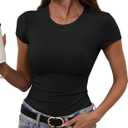 GEMBERA Womens' Stretchy Ribbed High Neck Short Sleeve Gym Workout Slim Fitted Casual Full Length Top T-Shirt (Black, S)