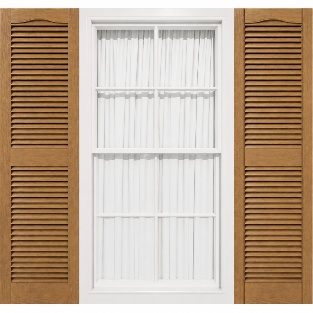 12"W x 38"H Mid-America Vinyl, TailorMade Cathedral Top Center Mullion, Open Louver Shutters, w/Installation Shutter-Lok's (Per Pair)