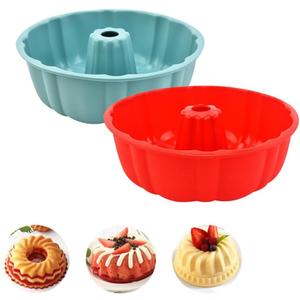 Silicone Bundt Pan, Cake Molds, 10 inch Cake Pan, 2 Pack Silicone Bundt Pans for Baking, Jello, Gelatin (Blue+Red)