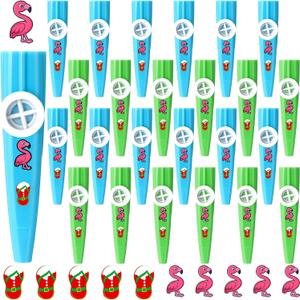 24 Pcs Summer Christmas Kazoos Luau Party Favors Blue Green Kazoo Bulk with Flamingo Claus Stickers Plastic Musical Instruments Toys for Summer Christmas Pool Party Supplies
