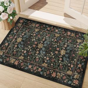 DUKINO 2x3 Entryway Rug, Floral Washable Area Rug with Non Slip Indoor Door Mat, Vintage Low Pile Small Front Door Throw Carpet for Kitchen, Entrance, Bathroom, Bedroom, Black