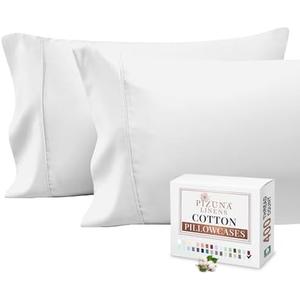 Pizuna 400 Thread Count Cotton King Size Pillow Cases Set of 2 White, 100% Long Staple Cotton King Pillow Cases, Soft Satin Pillowcase King Size with Stylish 4 inch Hem (Cotton Cooling Pillow Cases)