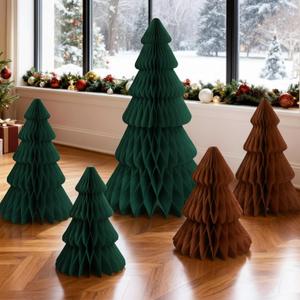 6 Pcs 20" 16" 12" Large Paper Christmas Trees 3D Neutral Honeycomb Paper Christmas Trees Decorations Set with Magnet Rustic Centerpiece for Xmas Holiday Mantel Stairs Home Table Decor (Green, Brown)