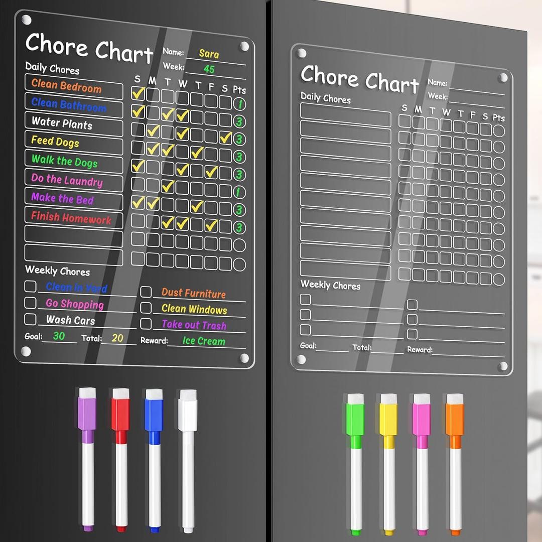 Acrylic Chore Chart Clear Dry Erase Checklist Chore Boars for Family Chores Checklist Reward Chart Responsibility Chart, 12x9'', 2 Boards