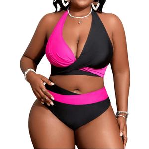 SOLY HUX Women's Plus Size Swimsuit Color Block Halter Criss Cross Bikini Sets Two Piece Bathing Suit (XX-Large Plus, Black and Hotpink)