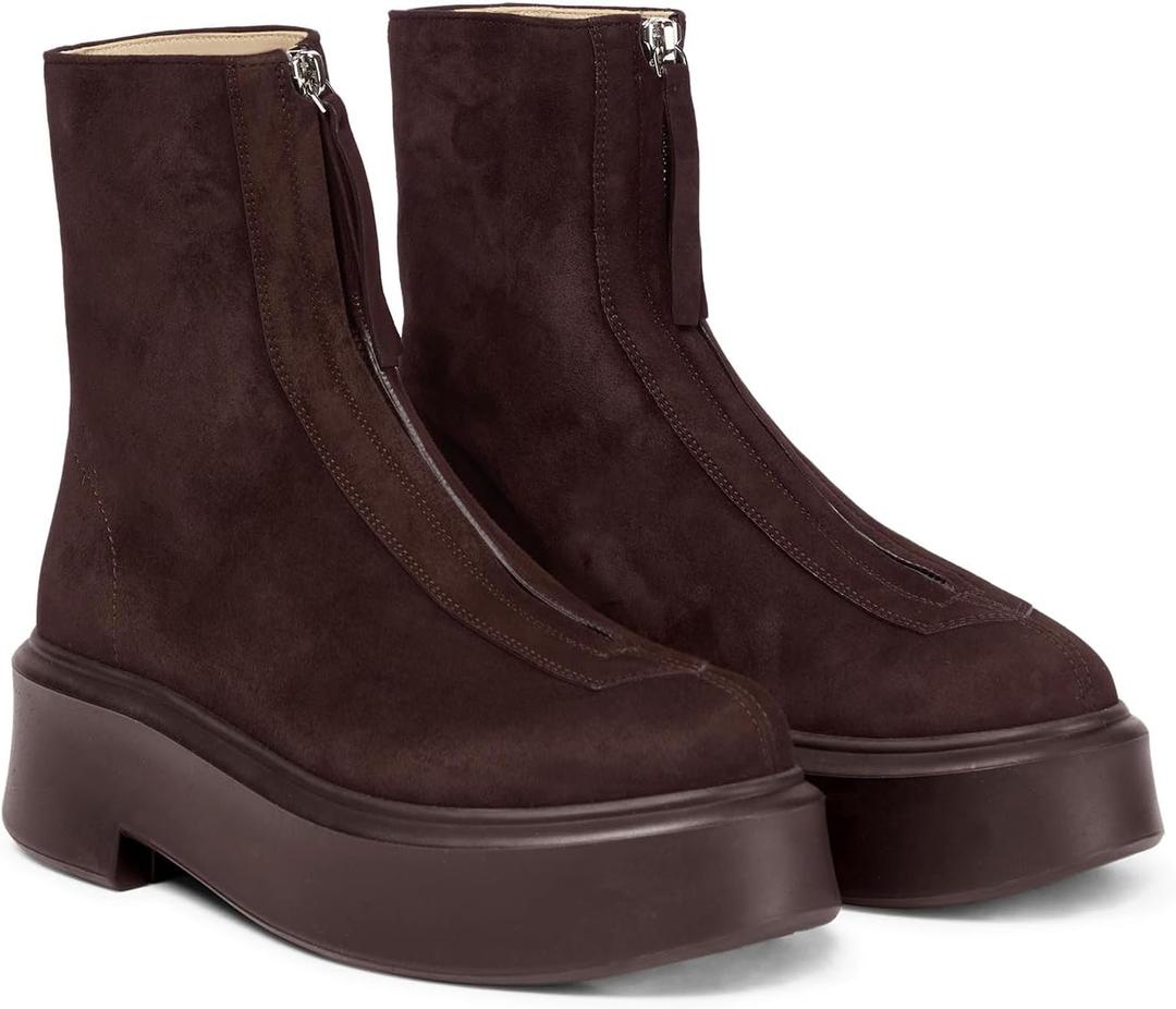 Coutgo Womens Front Zip Ankle Boots Comfortable Platform Flat Chunky Heel Booties Round Toe Casual Winter Snow Boots (8, Chocolate)