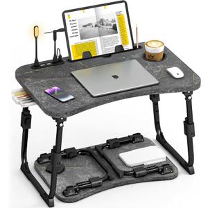 Lap Desk for Bed Adjustable Height, Foldable Bed Table with Storage Drawer, Tablet Slot & Cup Holder, Portable Laptop Stand for Bed & Sofa, Bed Desk for Adults & Kids, Deep Stone Color