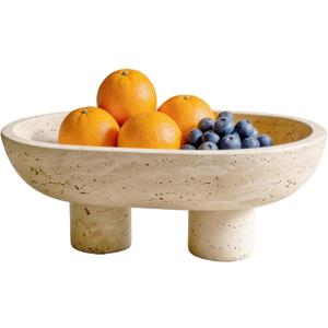 Natural Travertine Fruit Bowl, Multi-Functional Oval Stone Tray with Two Elevated Legs, Decorative Organizer for Fruit, Jewelry, Keys in Kitchen, Living Room, Entryway